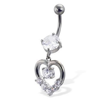 Belly button ring with round gem and dangling jeweled heart