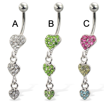 Three jeweled hearts belly button ring