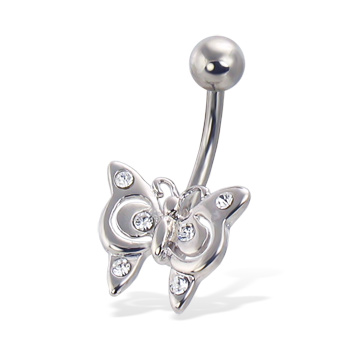 Steel butterfly belly ring with small gems