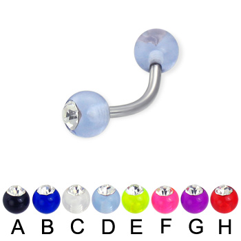 Acrylic ball with stone curved barbell, 14 ga