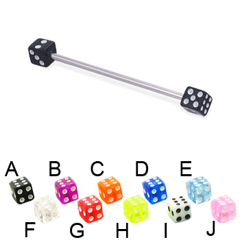 Long barbell (industrial barbell) with acrylic dice, 14 ga