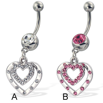 Belly button ring with two dangling jeweled hollow hearts