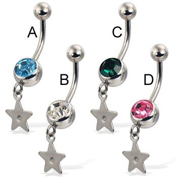 Jeweled belly button ring with dangling gemmed star