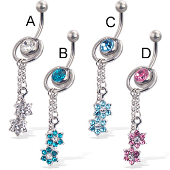 2-in-1 belly button ring with slide-off ring and two flowers on dangles