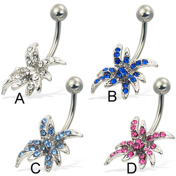 Jeweled belly button ring with exotic flower