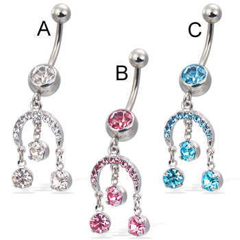 Belly button ring with horseshoe and three dangling gems