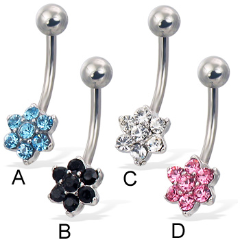 Jeweled 6-petal flower belly button ring