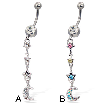 Belly button ring with stars and crescent on dangle