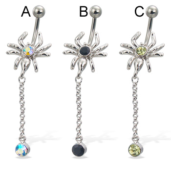Spider belly button ring with dangling gem