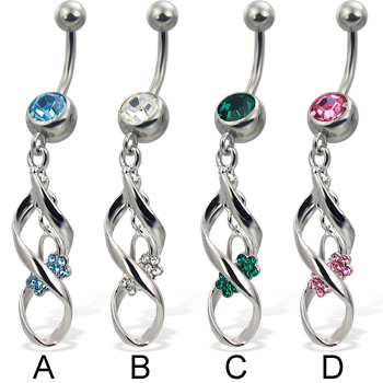 Jeweled belly button ring with dangling charm and two flowers