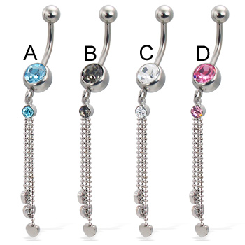 Belly button ring with three small metal hearts on dangles