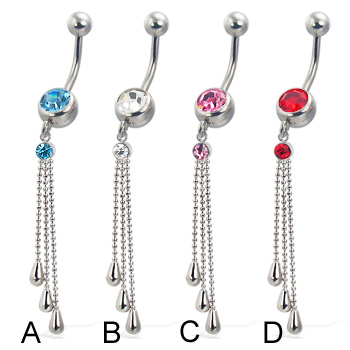 Belly button ring with three teardrops on dangles