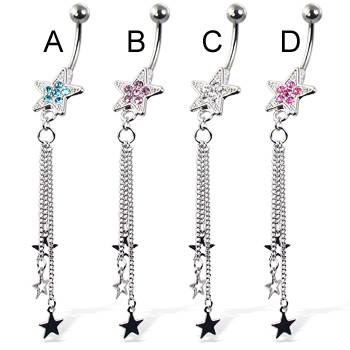 Belly button ring with jeweled star and three dangling stars