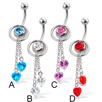 Belly button ring with ring and two dangling heart-shaped stones