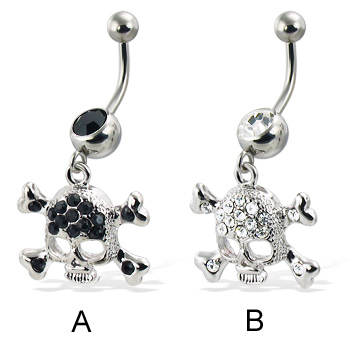 Jeweled skull and cross-bones belly button ring