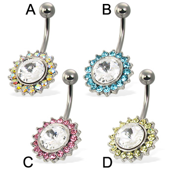 Belly button ring  with big gem framed by small color gems