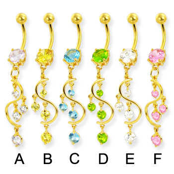 Gold Tone belly button ring with gems on a vine