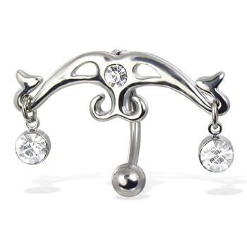 Hinged reversed belly button ring with two gems dangling from sides