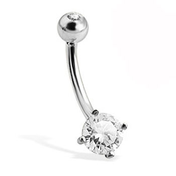 14K White Gold Belly Button Ring With Round Stone And Jeweled Top Ball