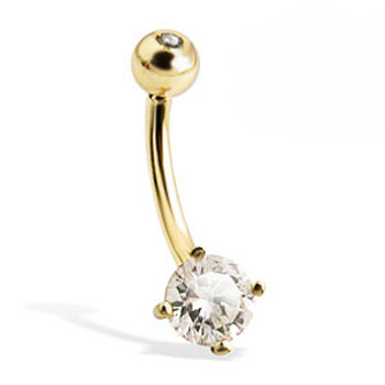 14K yellow gold belly button ring with round stone and jeweled top ball