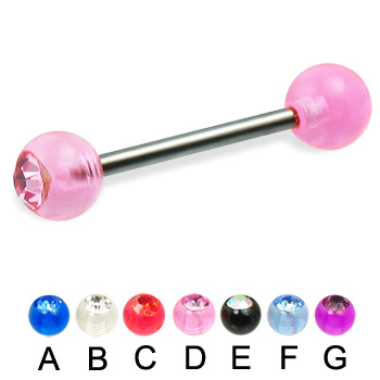 Single acrylic jeweled ball titanium straight barbell, 14 ga