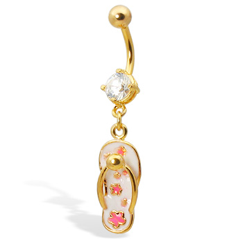 Gold Tone belly button ring with dangling flip-flop