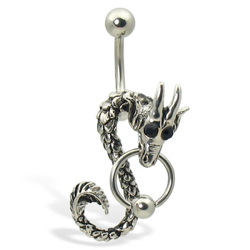 Belly button ring with dragon and captive bead ring