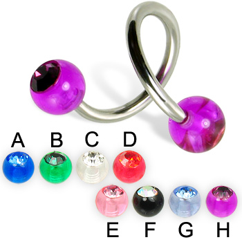 Spiral barbell with acrylic jeweled balls, 14 ga