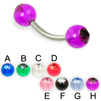 Curved barbell with acrylic jeweled balls, 14 ga