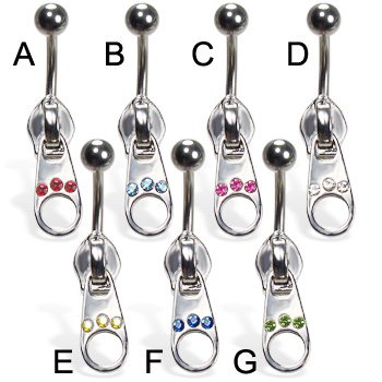 Jeweled zipper belly button ring