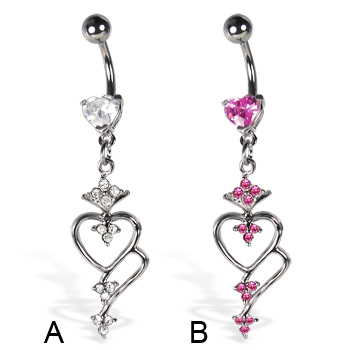 Belly button ring with heart-shaped stone and dangle