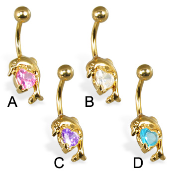 Gold Tone belly ring with dolphin and heart-shaped stone