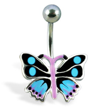 Navel ring with colored butterfly
