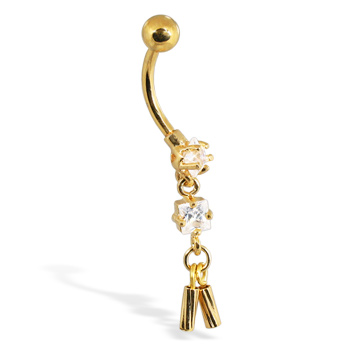 Gold Tone belly button ring with dangling cylinders