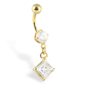 Gold Tone navel ring  with dangling diamond shaped stone