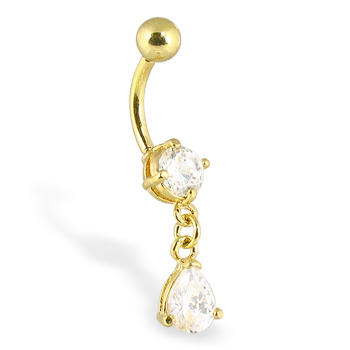 Gold Tone belly button ring with dangling teardrop