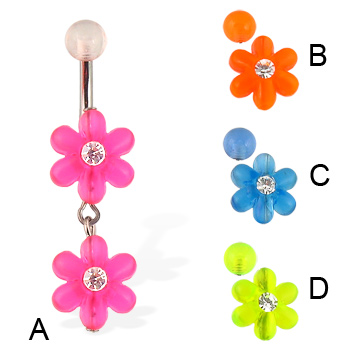 Belly button ring with two acrylic flowers