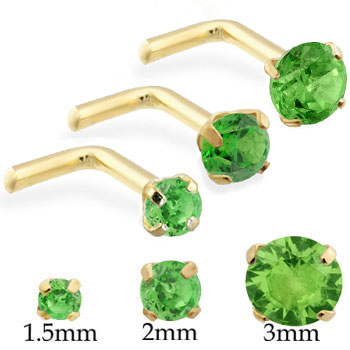 14K Gold L-shaped Nose Pin with Round Peridot