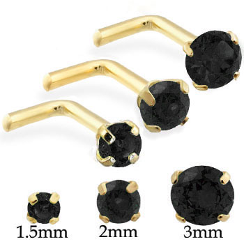 14K Gold L-Shaped Nose Pin with Round Black CZ