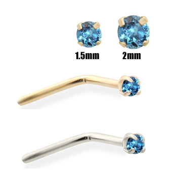 14K Gold Teal Blue Diamond Nose Pin