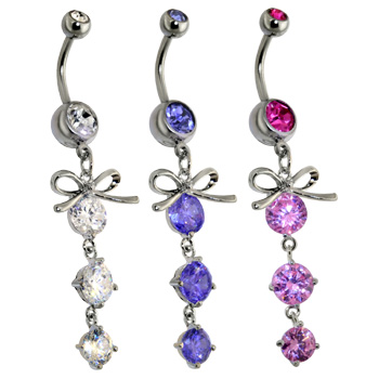 Steel Ribbon with Cascading Droplets of Orb Gems Navel Ring