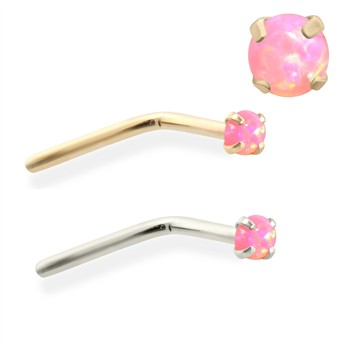 14K Gold L-shaped Nose Pin with 2mm Round Pink Opal