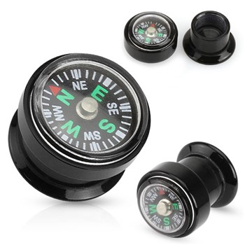 Pair Of Real Compass Inlayed Black Acrylic Screw Fit Plugs