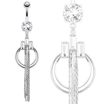 Triple Princess Cut CZ Chandelier With Double Rings Dangle Steel Navel Ring