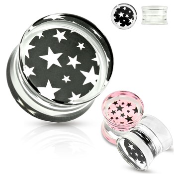 Pair Of Pink Star Pattern Print Encased Clear Acrylic Saddle Fit Plugs