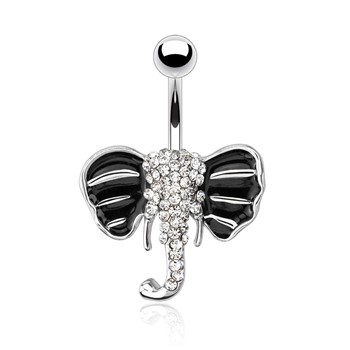 Elephant with Paved Gems And Black Enamel Plated Ears Surgical Steel Navel Ring