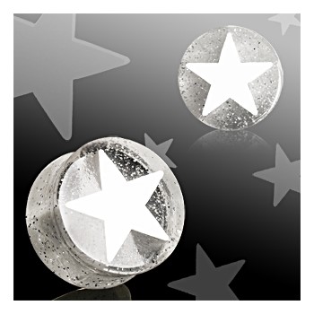 Pair Of White UV Acrylic 3D Star Double Flare Glitter Plugs