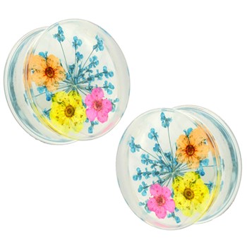 Pair Of Blue  Dried Flower Clear Acrylic Saddle Fit Plugs