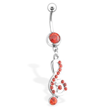 Treble Clef Music Note Belly Ring with Red Gems, 16 Ga