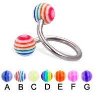 Spiral barbell with acrylic layered balls, 14 ga